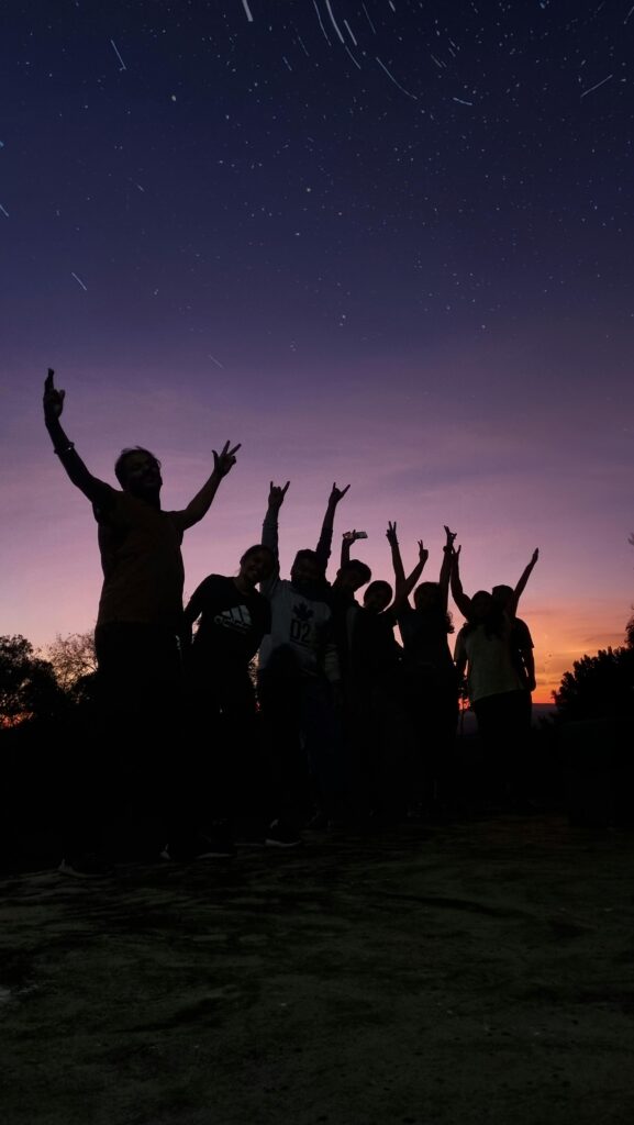 Silhouettes of friends celebrating under stars at sunset, expressing joy and togetherness.
